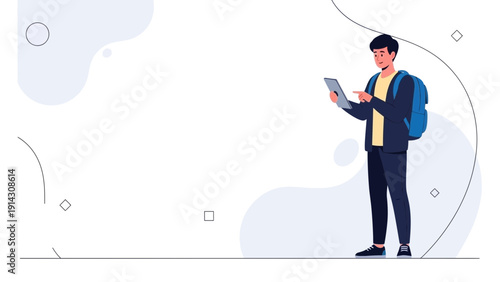Young man with backpack using tablet, modern abstract background