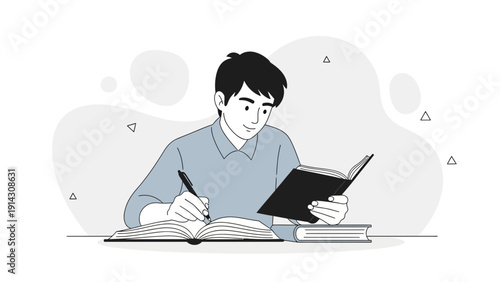 Young man studying and writing in books, education concept illustration
