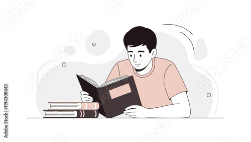 Young Man Reading Book, Stacked Books, Knowledge, Education, Study, Learning