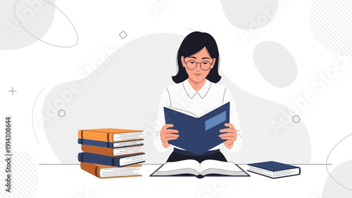Woman Reading Book, Stack of Books, Education Concept, Study, Knowledge