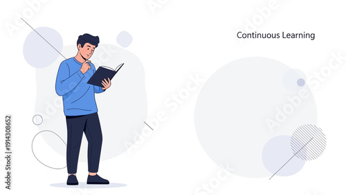 Young Man Reading Book, Continuous Learning Concept, Education and Knowledge