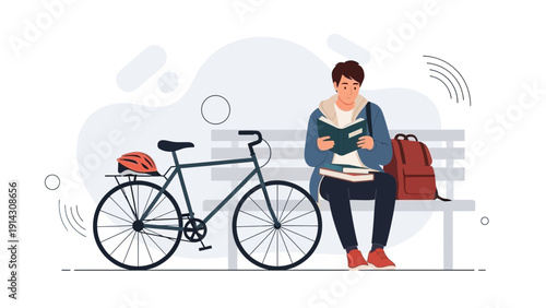 Young man reading a book on a park bench next to his bicycle and backpack