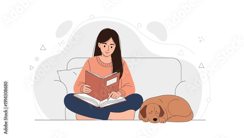 Woman Reading Book on Sofa with Sleeping Dog, Cozy Home Lifestyle Illustration