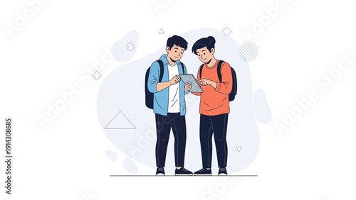 Two young men looking at a tablet, students with backpacks, learning together