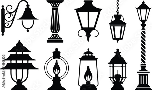 Vintage Street Lamp Icon Set Classical Ornate Vector Antique Lamppost Collection Elegant Retro Icon Pack