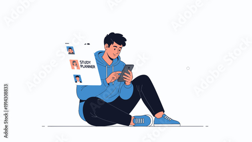 Young man using smartphone, social media and study planner concept, flat illustration