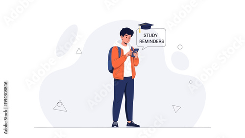 Student using smartphone for study reminders with graduation cap icon