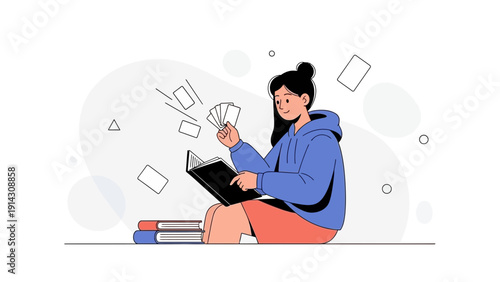 Young Woman Reading Book and Holding Cards, Studying, Learning, Knowledge, Education Concept