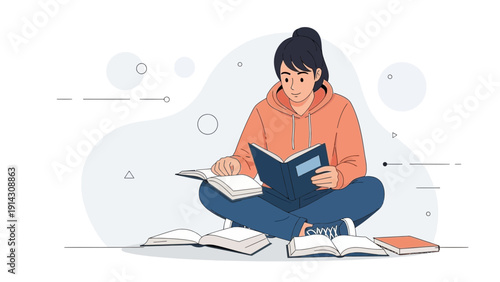 Young woman reading books, studying, learning, education concept, flat illustration