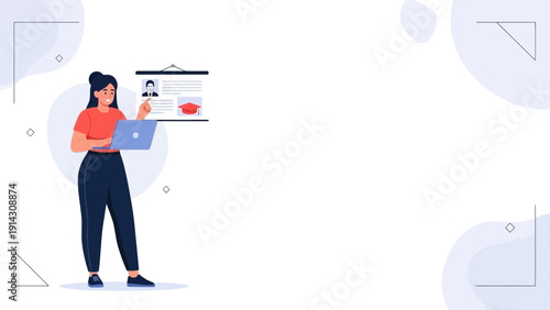 Woman working on laptop with resume and profile on clipboard, online job search