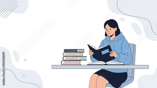 Young Woman Reading Books at Desk, Studying Knowledge