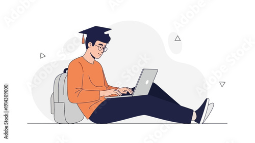 Student with Laptop and Graduation Cap Studying Online