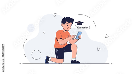 Boy using mobile phone for online education, learning, and knowledge