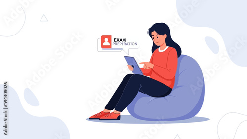 Woman using tablet for online exam preparation, studying at home