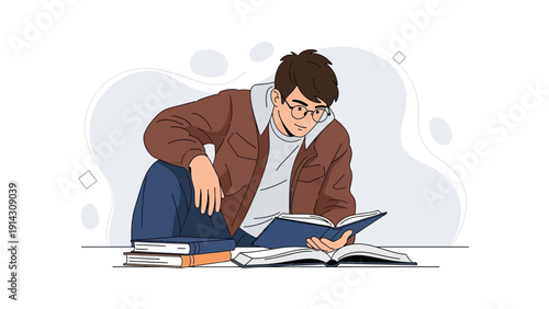 Young man reading book, studying, learning, education, knowledge, student, information