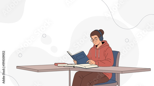 Young Woman Studying with Headphones and Books at Desk