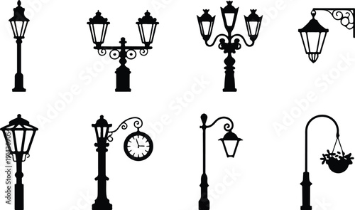 Vintage Street Lamp Icon Set Classical Ornate Vector Antique Lamppost Collection Elegant Retro Icon Pack