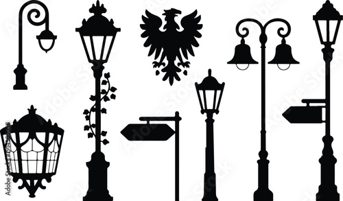 Vintage Street Lamp Icon Set Classical Ornate Vector Antique Lamppost Collection Elegant Retro Icon Pack