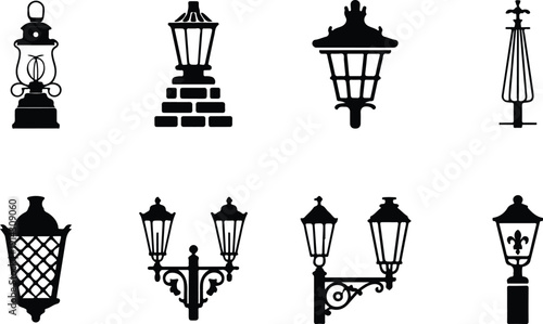 Vintage Street Lamp Icon Set Classical Ornate Vector Antique Lamppost Collection Elegant Retro Icon Pack