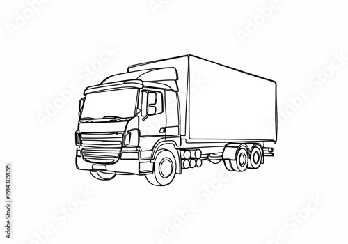 A black and white line drawing of a large delivery truck with a trailer, showcasing its form and structure for logistical and transportation concepts