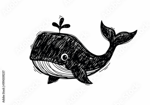 Whimsical Hand-Drawn Illustration of a Cheerful Whale with Water Spout, Capturing the Joy of Ocean Life in a Simple Sketch