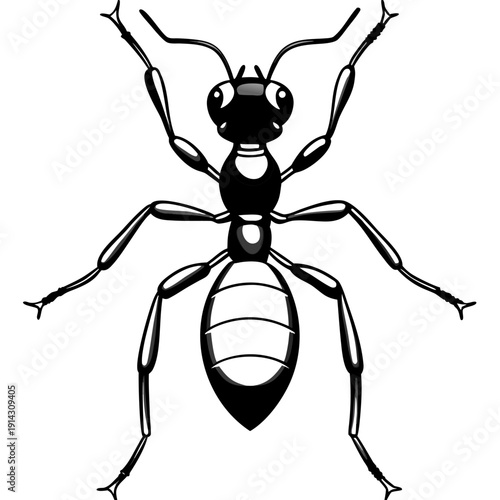 A detailed, photorealistic image of a single ant is displayed against a pure white background. The ant is depicted in sharp focus, showcasing its intricate exoskeleton details. It is positioned at a s