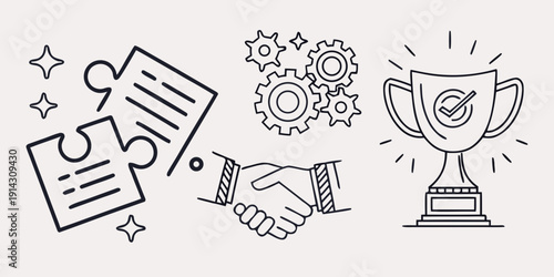 Conceptual line icons representing business success, strategic partnerships, collaborative teamwork, effective problem-solving, and professional achievement