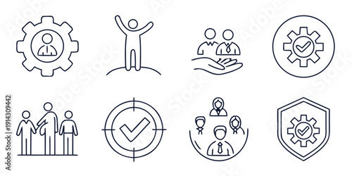 Collection of line art icons representing business, teamwork, success, and security concepts