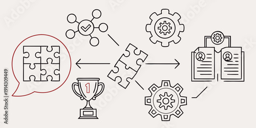 Abstract visual representation of business process management, showcasing interconnected elements leading to successful outcomes and efficient workflows