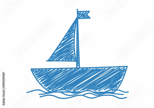 A simple blue sketch of a sailboat gliding on calm waters under a flag, conveying a sense of peaceful journey and nautical adventure, perfect for maritime themes