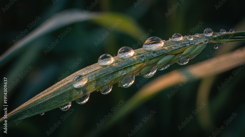 Naklejka premium Close-Up of Dew Drops on a Green Leaf in Morning Light, Showcasing Nature's Beauty and Detail in a Tranquil Outdoor Setting