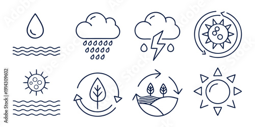Set of vector icons representing weather phenomena, ecological cycles, and solar energy concepts