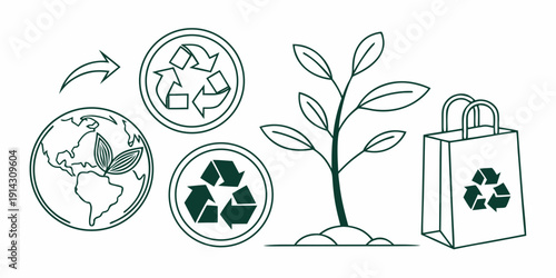 Environmental protection concept with recycling symbols, a sapling, and a shopping bag featuring the recycling logo