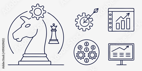 Linear vector icons illustrating core business concepts like strategic planning, financial growth, data analysis, and efficient time management for corporate development
