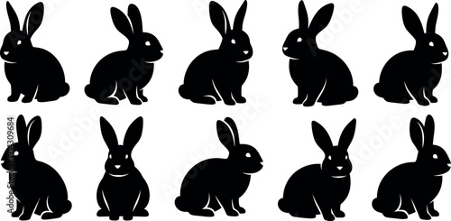 Eight black silhouette rabbits in two rows