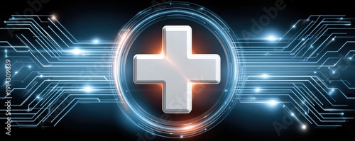 Vector graphic of an AI circuit forming a glowing white medical cross in a digital frame