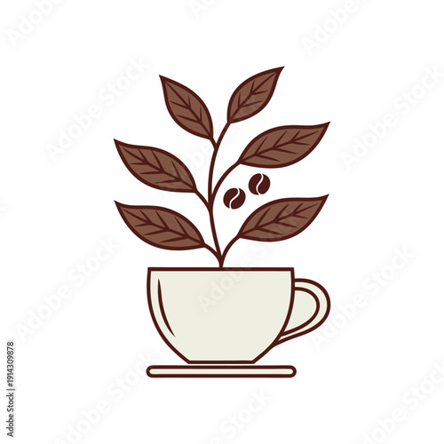 Coffee plant growing out of a cup on saucer with leaves and beans