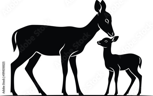 Deer mother and fawn silhouette vector illustration, black and white wildlife graphic, forest animal family side view isolated on white background