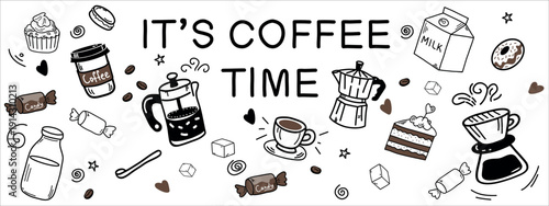 A hand-drawn coffee doodle composition featuring coffee equipment, beans, pastries, and decorative elements arranged in a playful horizontal layout. Created in a modern vector style with bold outlines
