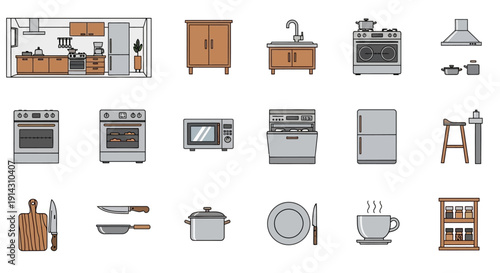 Collection of Modern Kitchen Appliances and Utensils Icons