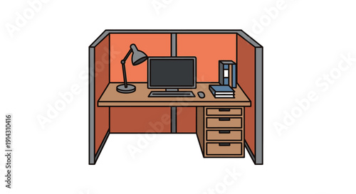 Empty office cubicle with computer and desk lamp illustration.