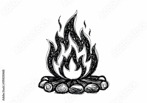 A hand-drawn illustration of a bonfire with burning logs and flames, perfect for camping, adventure, and outdoor themes