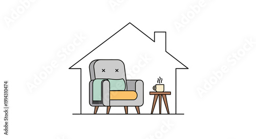 Cozy armchair with a hot drink inside a house outline