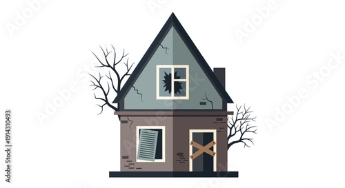 Creepy abandoned house with broken window and bare trees