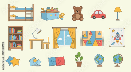 Collection of cute cartoon objects for children's room