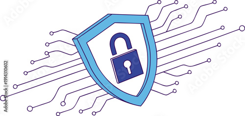 A digital security concept illustration against a clean white background. The central subject is a blue shield with a padlock icon centered on it, implying security. The shield is bordered by a darker