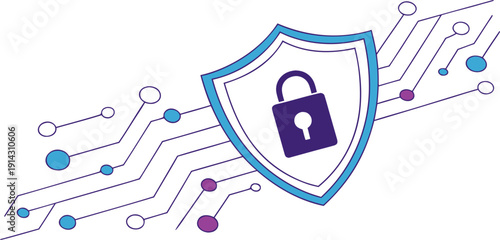 A digital security concept illustration against a clean white background. The central subject is a blue shield with a padlock icon centered on it, implying security. The shield is bordered by a darker