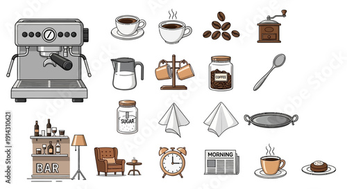 Coffee shop items and morning routine elements