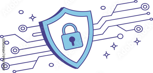 A digital security concept illustration against a clean white background. The central subject is a blue shield with a padlock icon centered on it, implying security. The shield is bordered by a darker