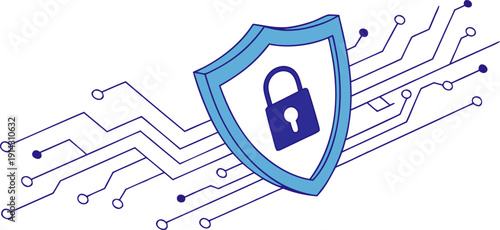 A digital security concept illustration against a clean white background. The central subject is a blue shield with a padlock icon centered on it, implying security. The shield is bordered by a darker